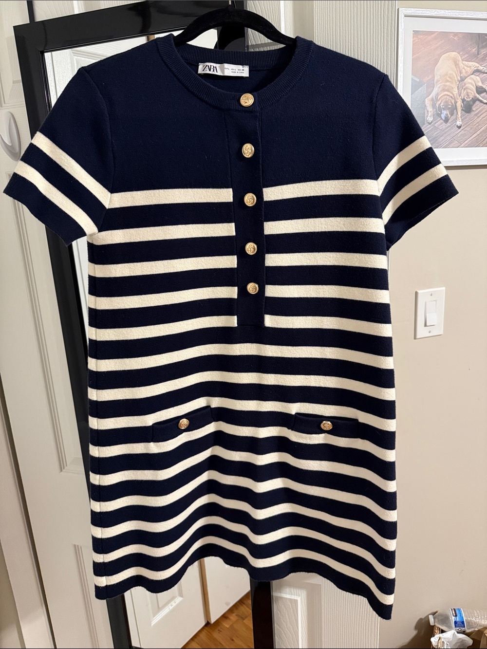 Zara Navy and Cream Striped Short-Sleeve Knit Dress with Gold Buttons